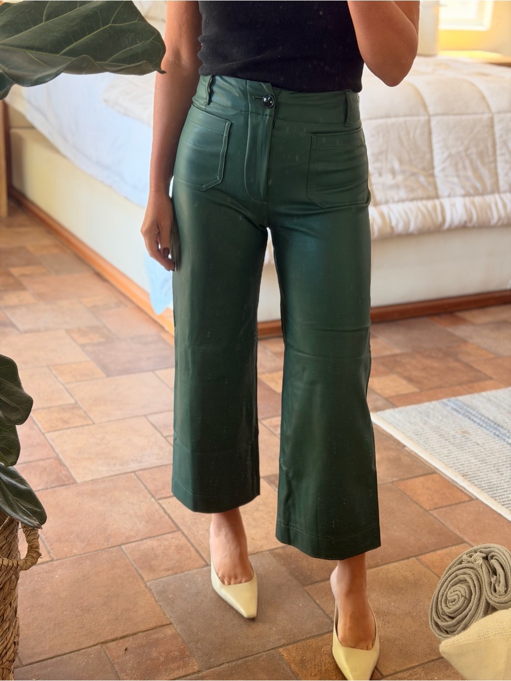 Anthropologie Maeve Dark Green Faux Leather Wide-Leg Pants